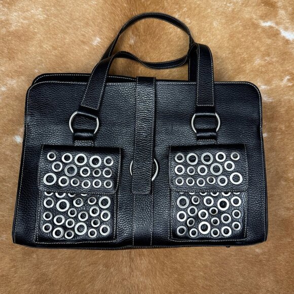 Furla Black Leather Grommet Satchel Bag Made in Italy, Pebbled Leather Tote with - Picture 2 of 11